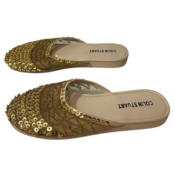 COLIN STEWART - SIZE 7 - RICH GOLD TONE MESH & SEQUINS -SLIP ON SLIDES SLIPPERS7 - Picture 10 of 11
